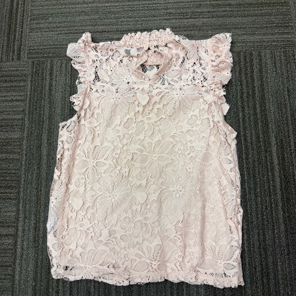 Topshop Blush Pink Lace Top Blouse with Ruffle Sleeves High Neck - Picture 7 of 8